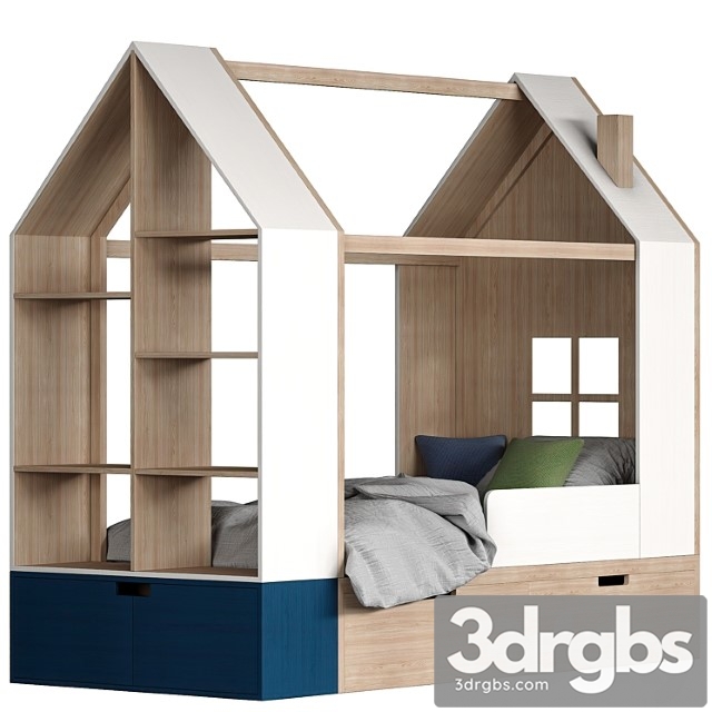 Children bed house with a rack
