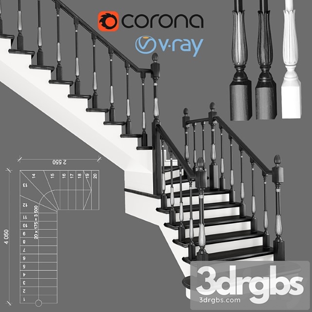 Corner staircase with zaubezhnymi steps, 3 colors