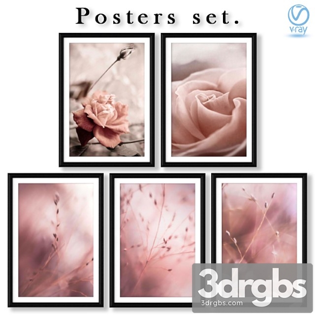 Collection of posters with pink roses and grass.