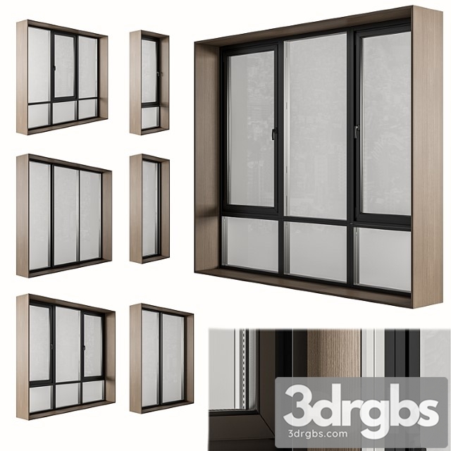 Black modern window with wooden frame - windows set 06