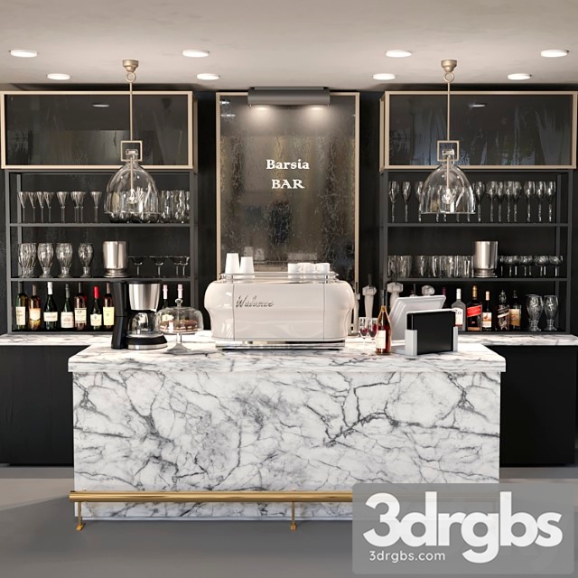 Design project of a bar with a marble bar and wine. alcohol