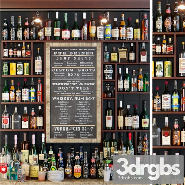 Showcase in the bar with a collection of strong alcohol and cocktails. alcohol