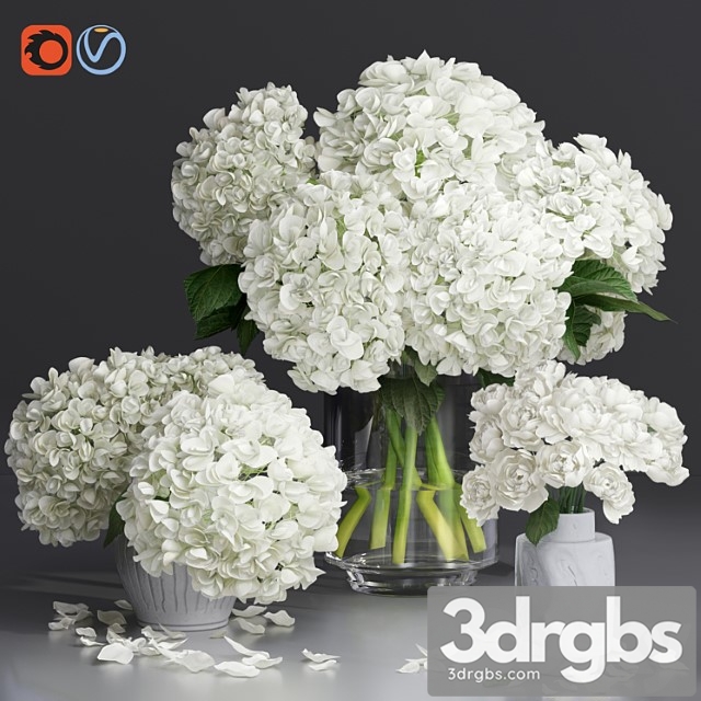 White hydrange and peony twig vases decorative set