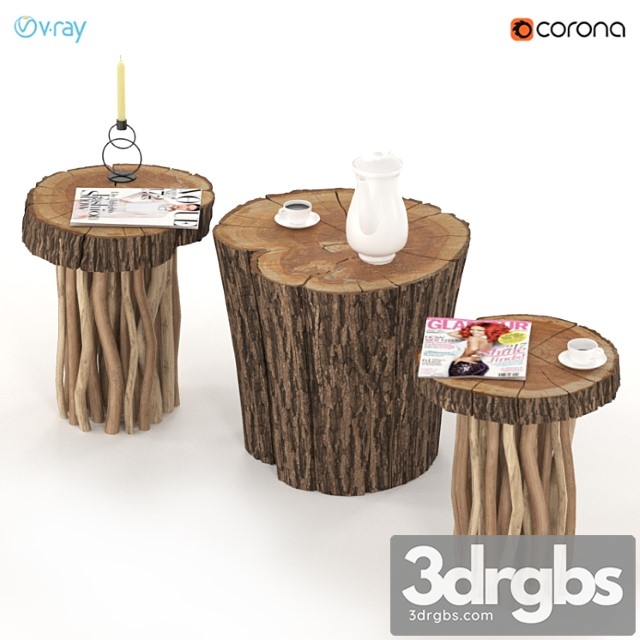 Coffee tables made of stump and slab on wooden legs. 2