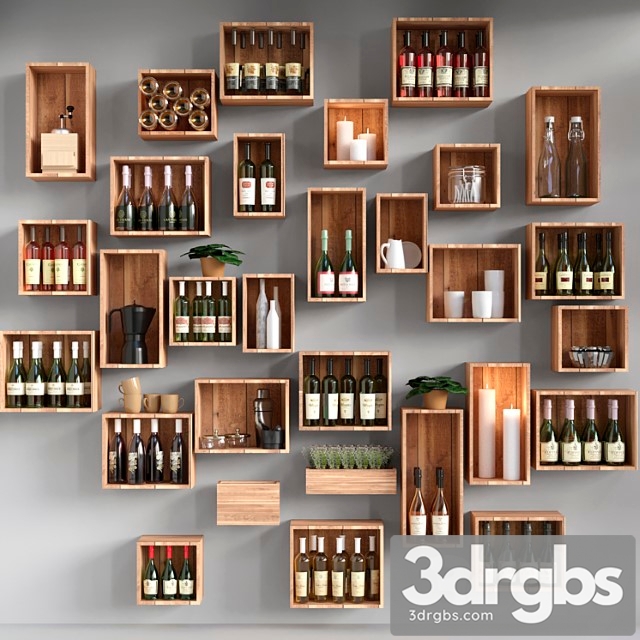 Shelves with collectible wine and candles. alcohol