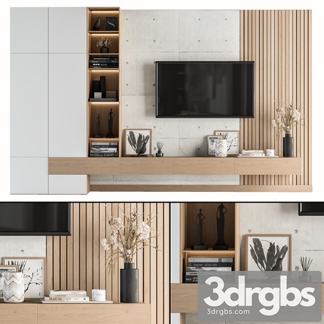 Tv wall white and wood - set 08