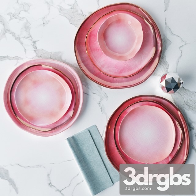 Set Of Plates In A Pink Glaze Irregular Shape