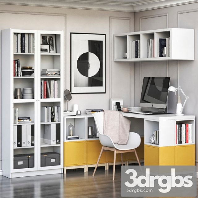 Ikea corner workplace with eket storages and billy oxberg bookcase 2