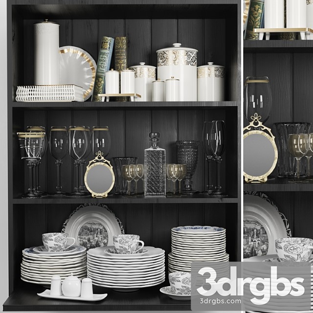 Wardrobe with a set of dishes and a crystal service in a classic style