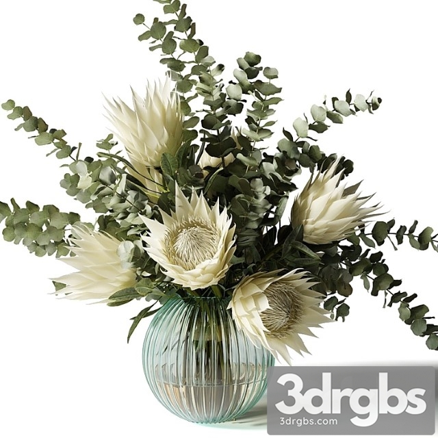 Bouquet with white proteas and eucalyptus in a ribbed glass vase