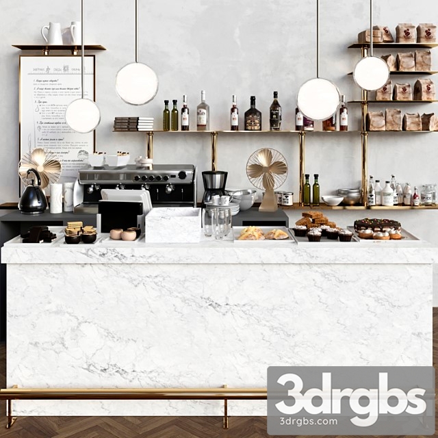 A modern cafe with a marble counter and desserts coffee house cake