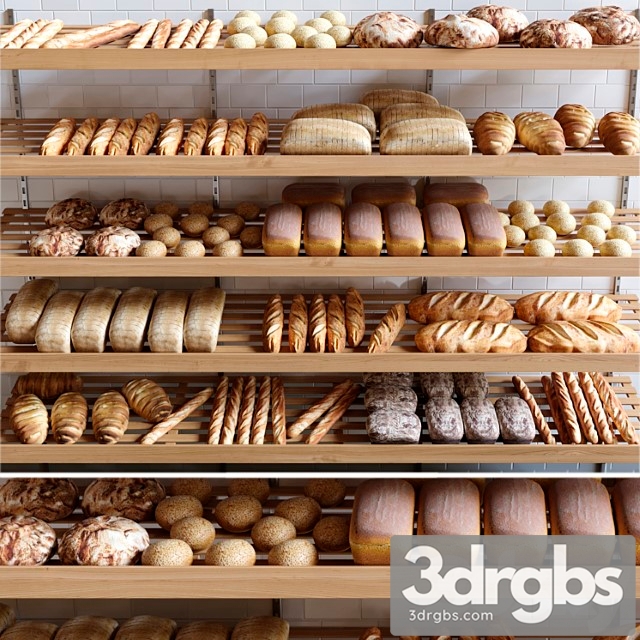 Rack with pastries in a bakery with bread, loaf and buns.