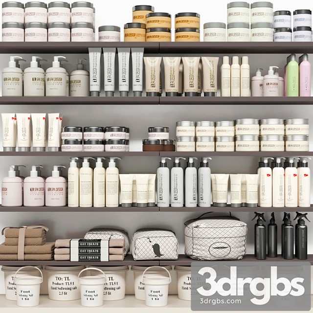 Shelf with a collection of cosmetics. beauty saloon and bathroom accessories