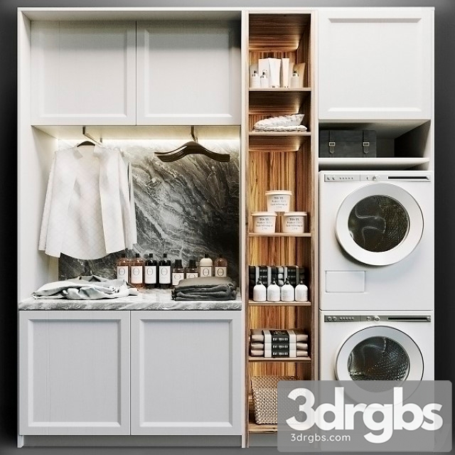 Laundry Room in White With Household Appliances Cosmetics