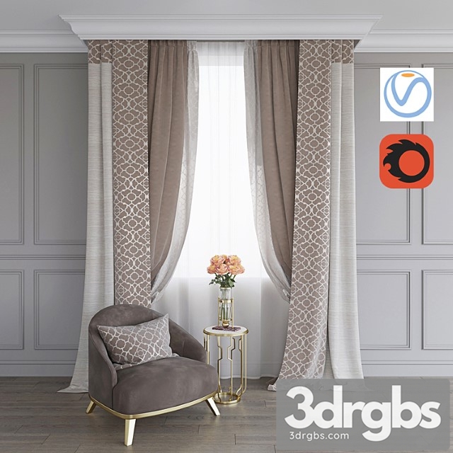 A Curtain An Armchair and a Table with Roses Vray Corona