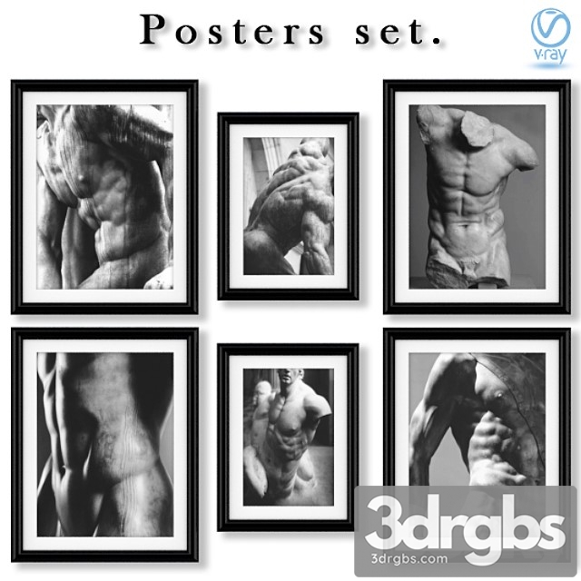 A series of black and white posters with statues.