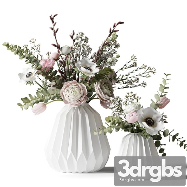 Two bouquets in white ribbed vases