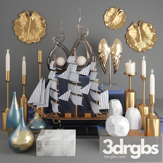 Decorative set with vases, ship and figurines with gilding 18