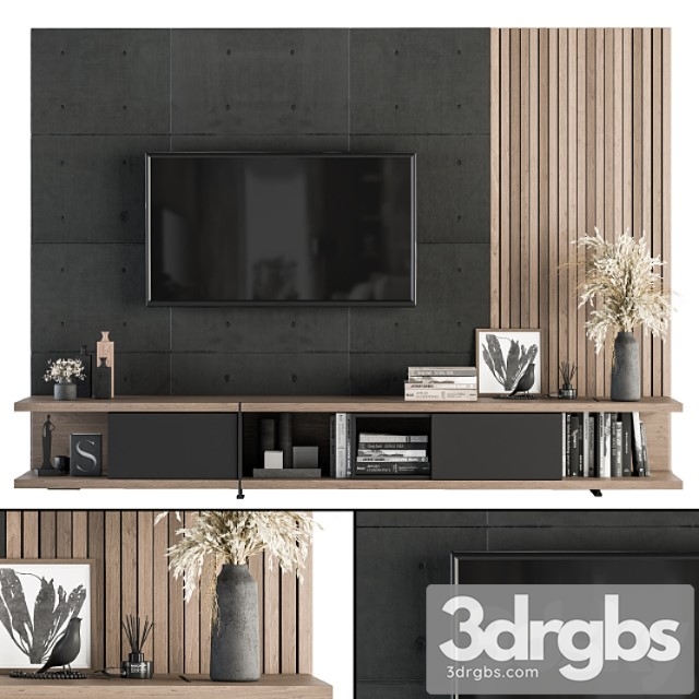 Tv wall black concrete and wood - set 10