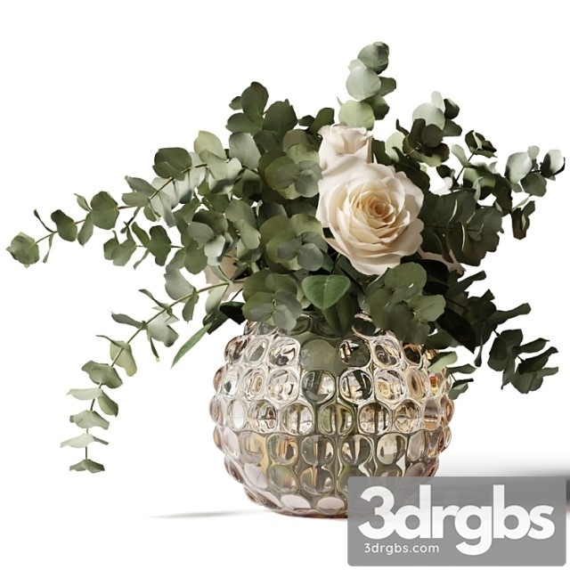 Bouquet Of Roses And Eucalyptus In A Pimply Glass Vase