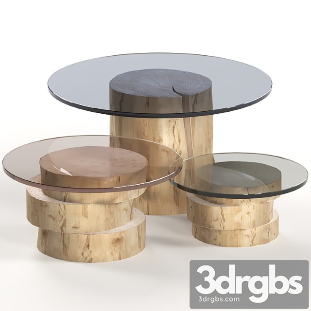 A set of light tables from stumps and slabs with glass tops. 2