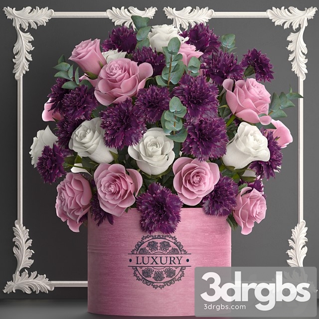 A beautiful lush modern bouquet of pink flowers in a luxury vase with a molded frame carnation roses eucalyptus branch set 93