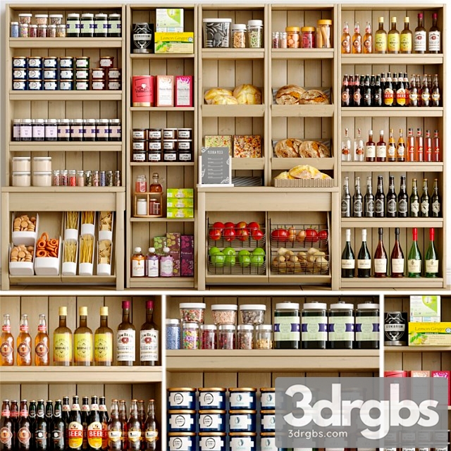 Rack with spices, alcohol and pastries in the supermarket