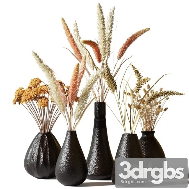 Set of Bouquets of Dried Flowers in Black Clay Vases