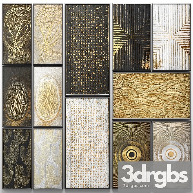 A collection of paintings. gold. 3. wall decor, a set of paintings, luxury, panels, gold, white, black, set, decorative, abstraction, pattern