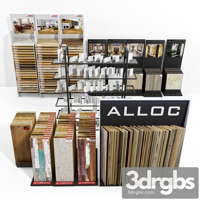 Exhibition stands with samples of laminate, porcelain tile, stucco molding