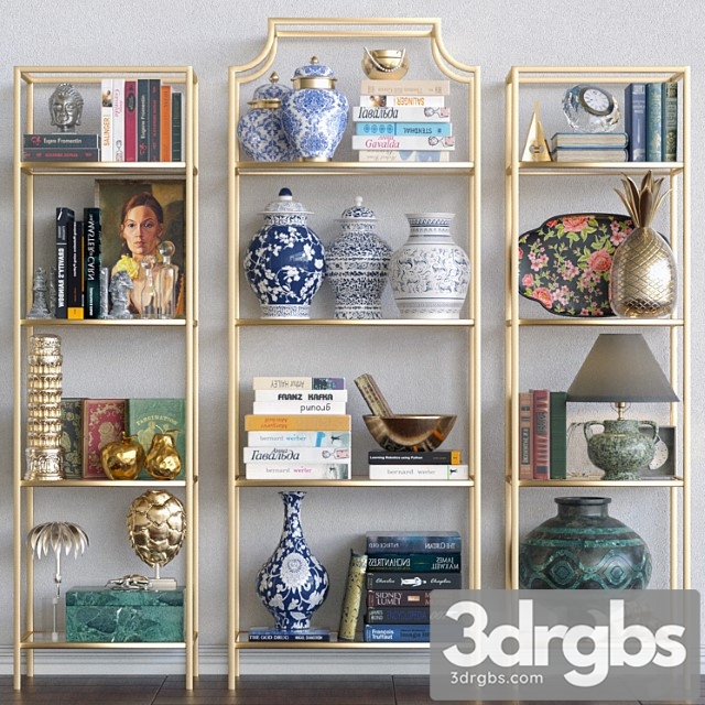 Golden rack with decor for the apartment, figurines and a lamp