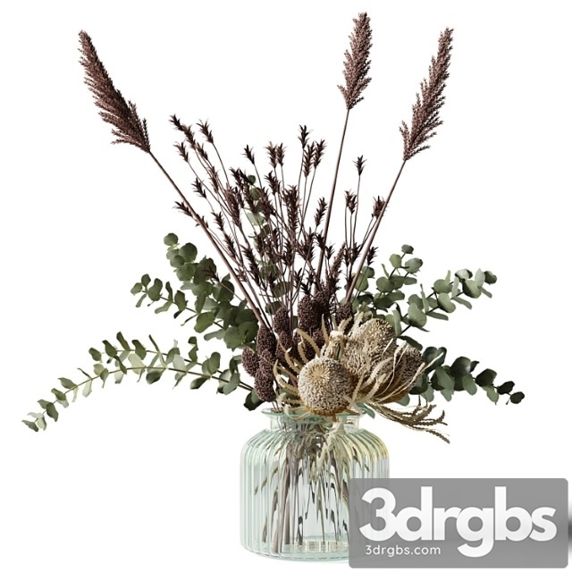 Bouquet with tall grass, eucalyptus and bankxias in a ribbed glass vase