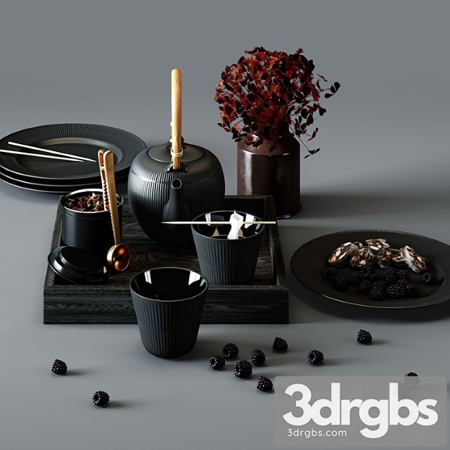 Black fluted set - thermal teapot, plates and cups