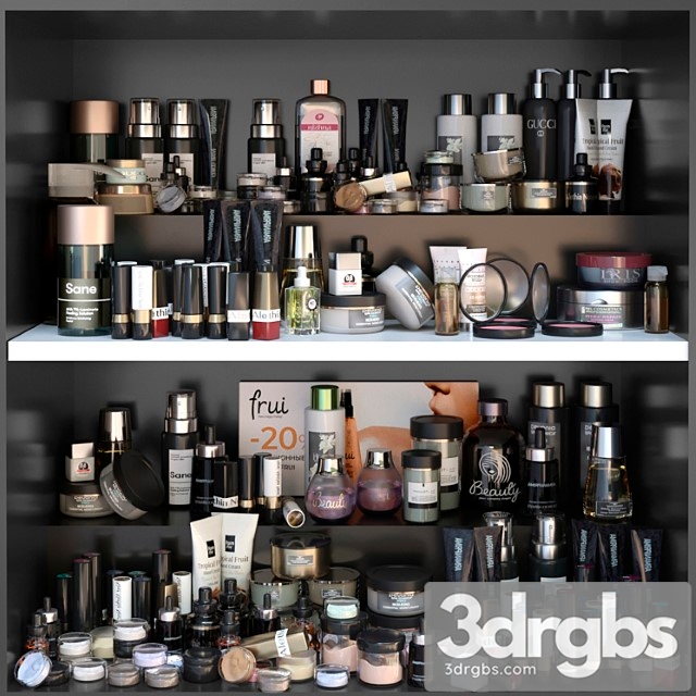 Shelf with a set of cosmetics for beauty salons, shops or dutifree. make up