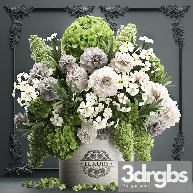 A beautiful lush modern bouquet of white green flowers in a luxury vase with a molded frame hydrangea lilac peonies oleander set 90