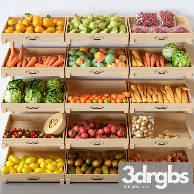 Showcase with fruits and vegetables at the market in boxes. citrus fruits, apples