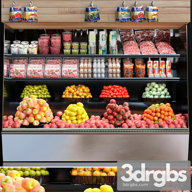 Showcase in a supermarket with fruits and vegetables. fruits and vegetables