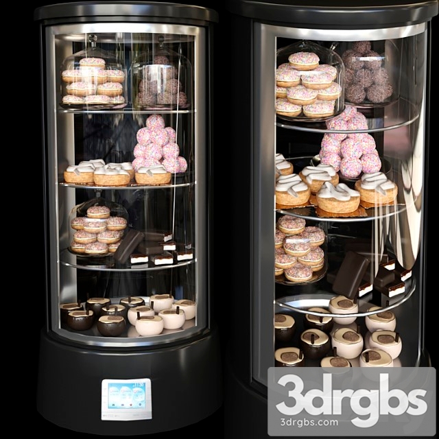 Refrigerator in a cafe with desserts and various sweets 2. confectionery shop