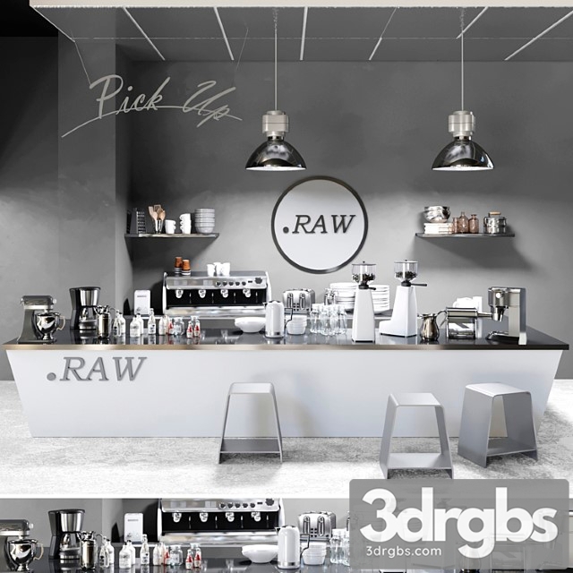 Minimalist coffee shop design. coffee, coffee maker, coffee machine, grinder, lamp, bar, bar counter, coffee, coffee beans