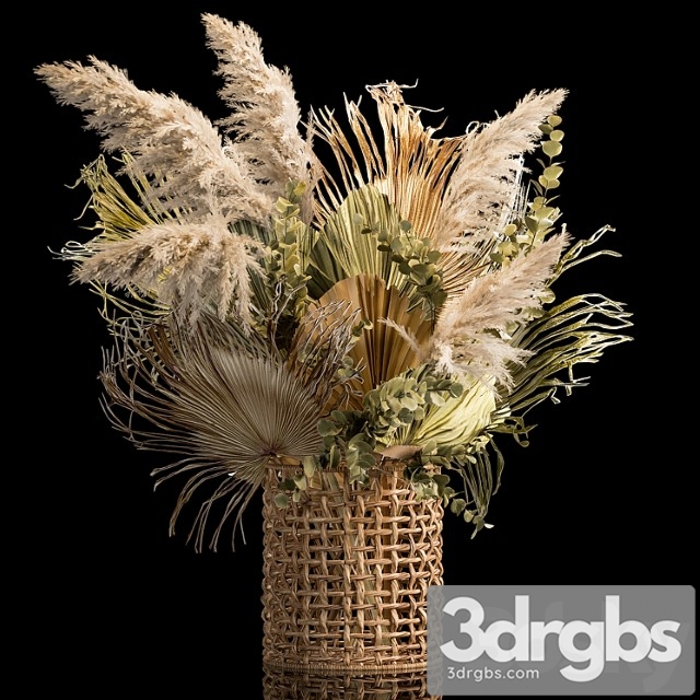 Installation bouquet pampas grass in a wicker basket of twigs, dry leaves, dried flower. 239.