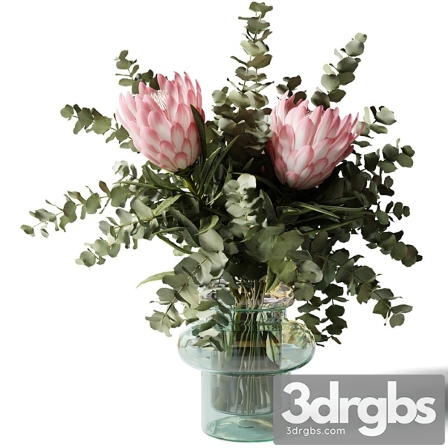 Bouquet with three pink proteas and eucalyptus in a glass vase