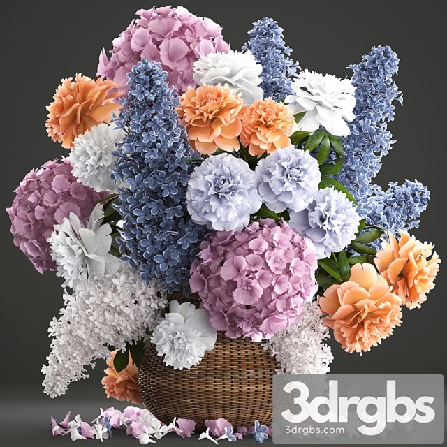 A bouquet of flowers 84. lilac, hydrangea, basket, decor, peonies, eco design, natural decor, table decoration