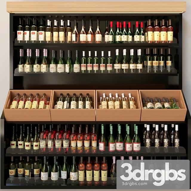 Wine cabinet with collectible wine in the supermarket. wine and alcohol