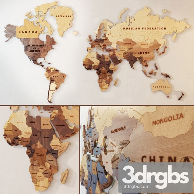 A world map made of wood.