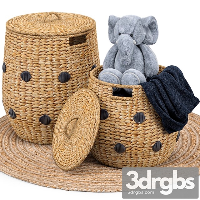 Dot basket, kairo jute rug, elephant toy