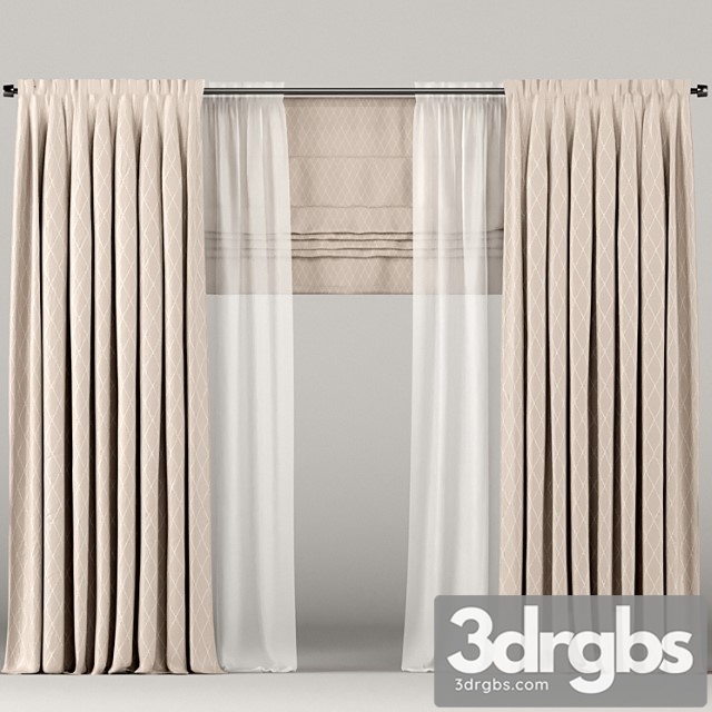 Beige curtains with tulle and roman blinds.