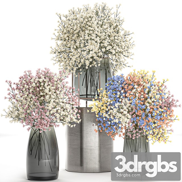 A collection of beautiful lush little white and pink bouquets in glass vases with gypsophila, gibsolyubka, kachim. set 107.