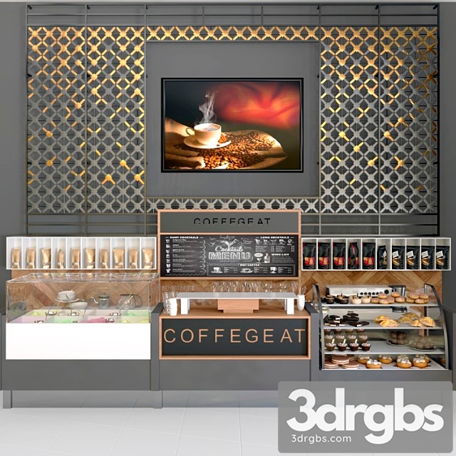 Design project of a cafe with a panel and a refrigerator with desserts and sweets. coffee house