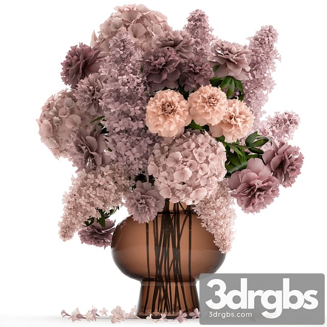 A lush bouquet of spring flowers in a glass vase with hydrangeas, lilacs, peonies. 144.