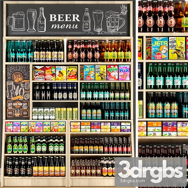 Large shelf in the supermarket with beer and cider